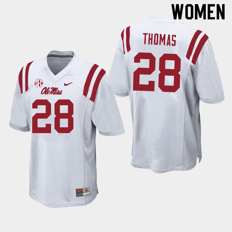 Women #28 Damarcus Thomas Ole Miss Rebels College Football Jerseys Sale-White - Click Image to Close